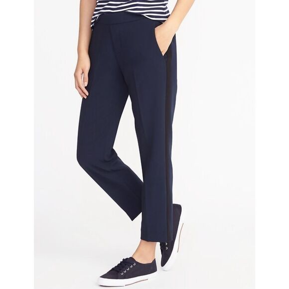 Old Navy NWT Black Navy Blue Tuxedo Stripe Flat Front Pull-On Pants Size 16 - Picture 1 of 9